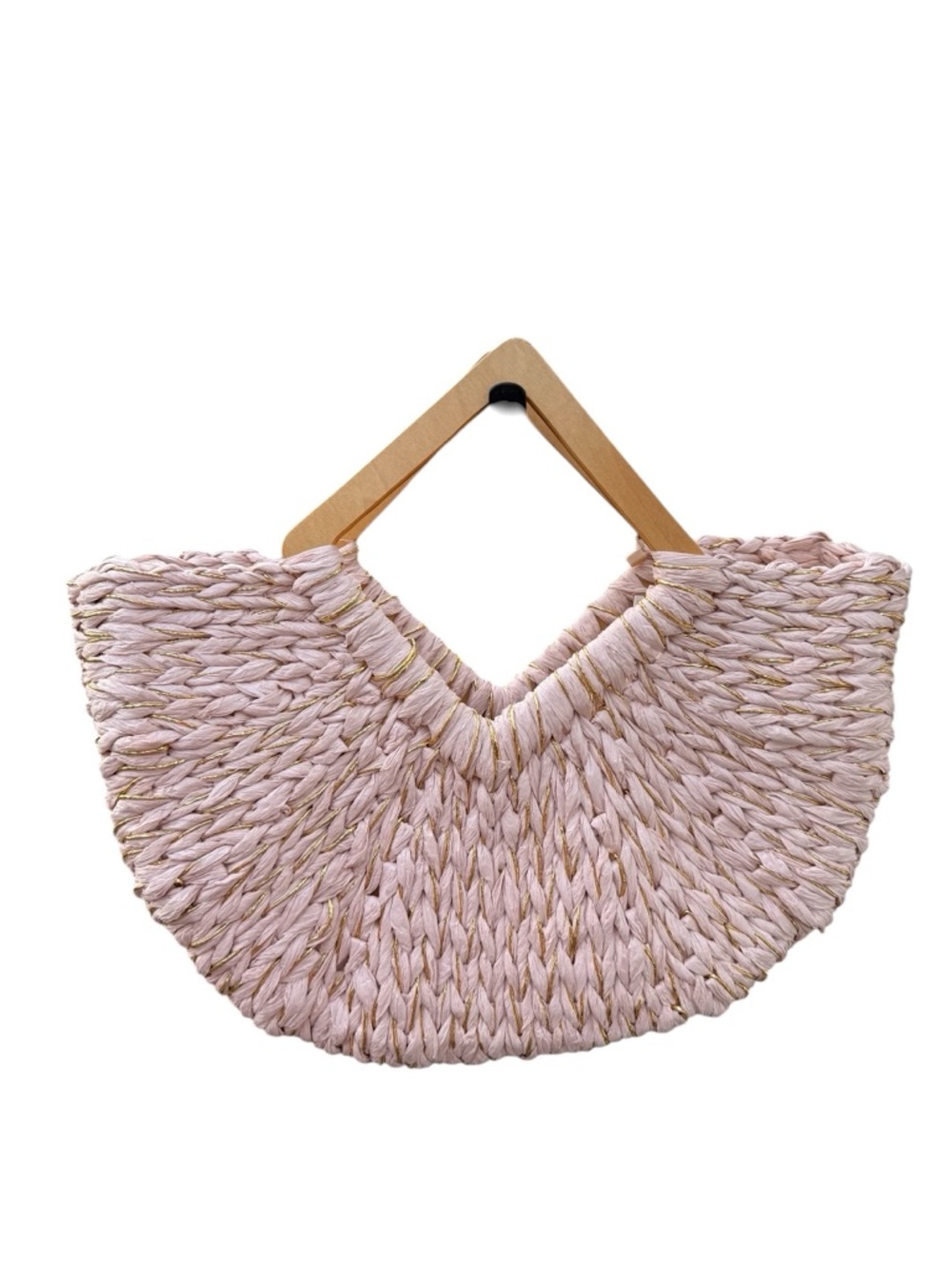 Straw bag by Miztique pink & gold wooden handle NEW - Picture 5 of 6